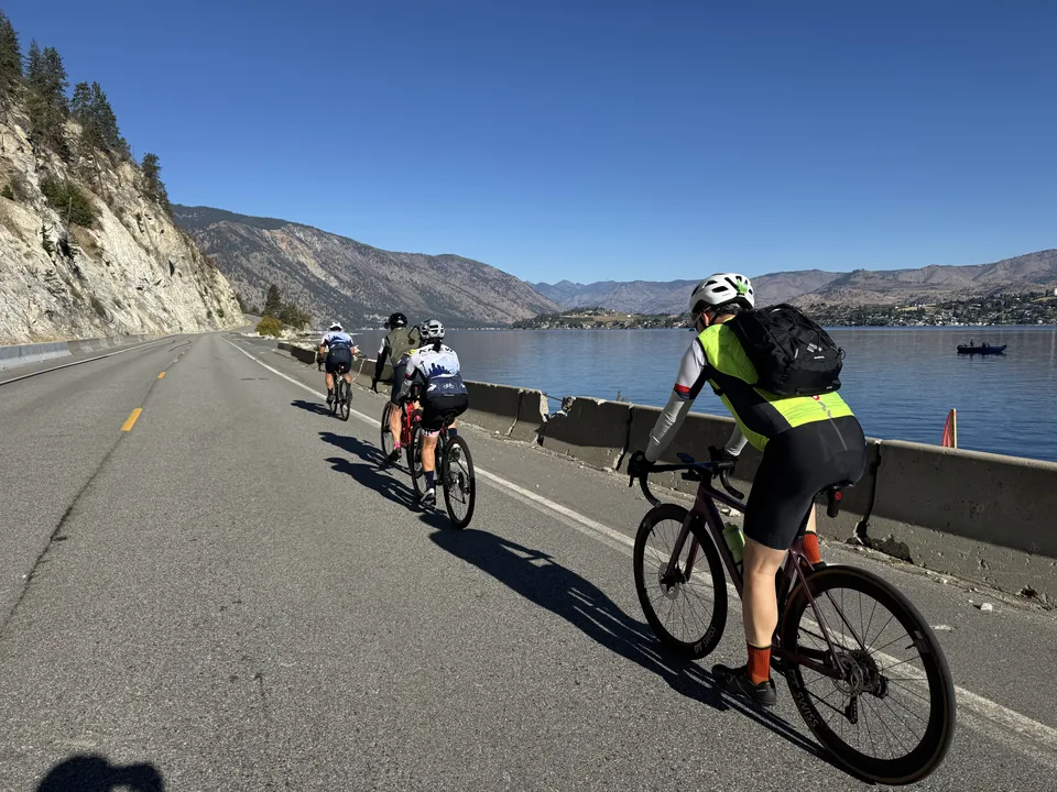 KREW riders cycling along Lake Chelan’s south shore